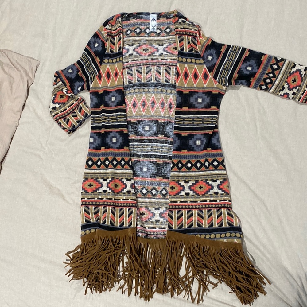 Aztec print kimono with fringe